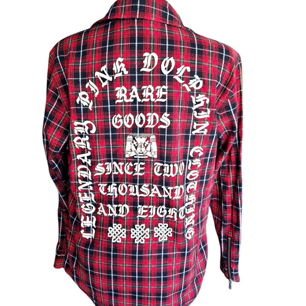 Pink + Dolphin MEDIEVAL PLAID ZIPUP Red Plaid Shirt Small partial sleeve zippers